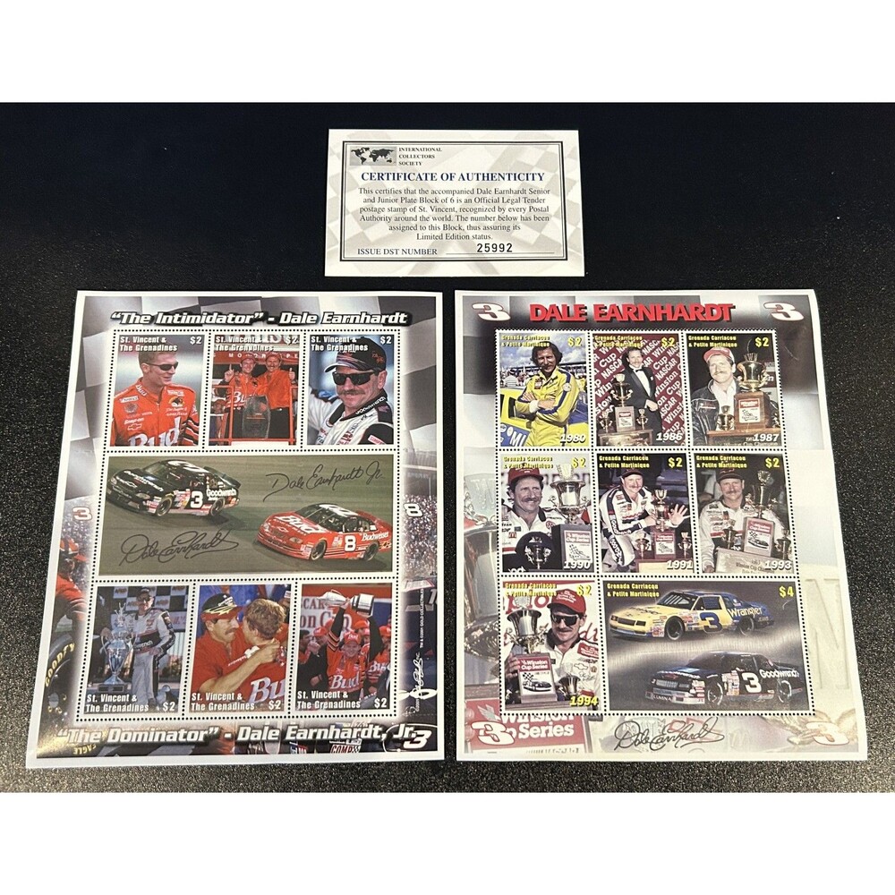 2001 Dale Earnhardt Sr & Jr Postage Stamp Sheets Lot w/ COA St. Vincent Grenada